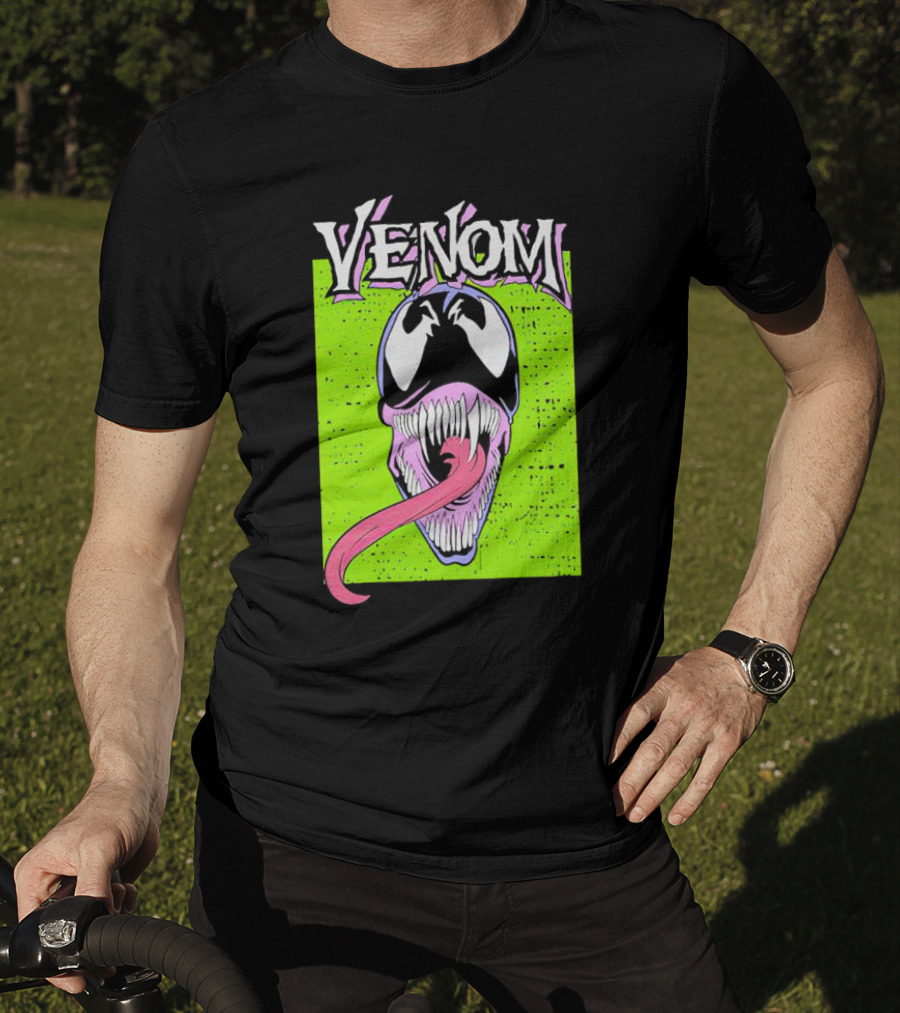 Venom Marvel Neon Pink Tongue Green Background T-Shirt