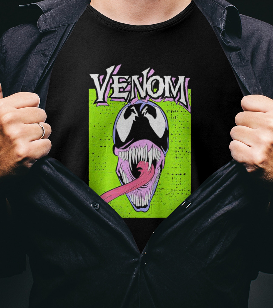 Venom Marvel Neon Pink Tongue Green Background T-Shirt