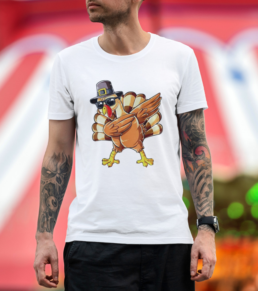 Thanksgiving Turkey Dabbing with Pilgrim Hat and Sunglasses T-Shirt