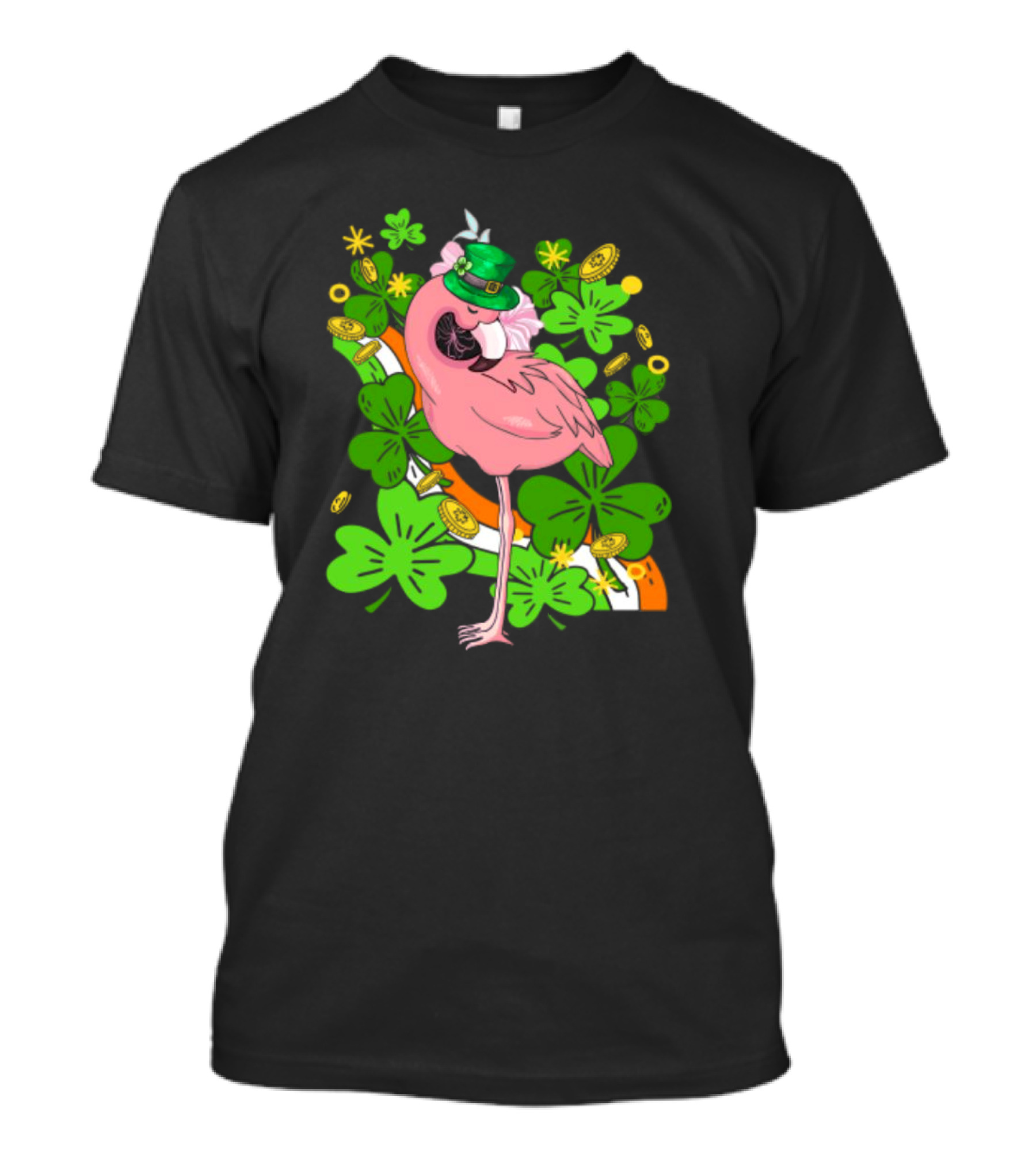 Flamingo St Patricks Day Pink Bird Shamrocks And Leprechaun Hat With Gold Coins T-Shirt