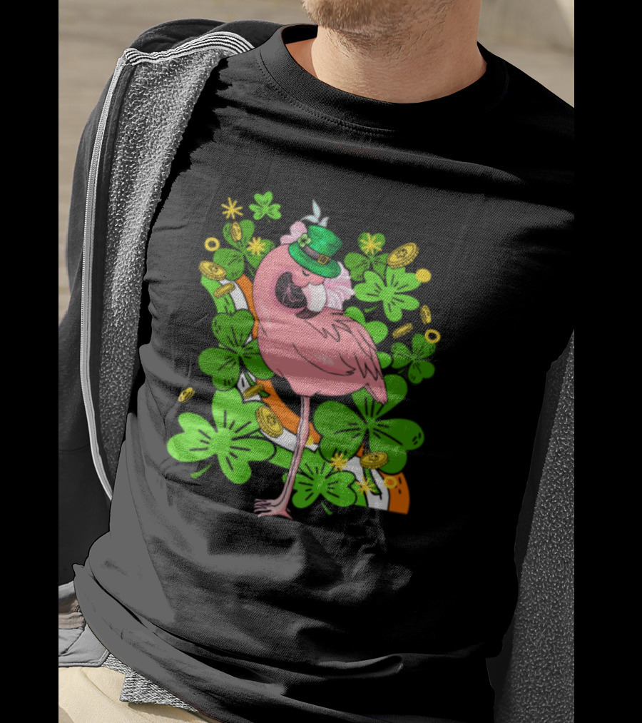 Flamingo St Patricks Day Pink Bird Shamrocks And Leprechaun Hat With Gold Coins T-Shirt