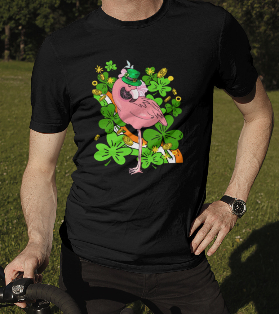 Flamingo St Patricks Day Pink Bird Shamrocks And Leprechaun Hat With Gold Coins T-Shirt