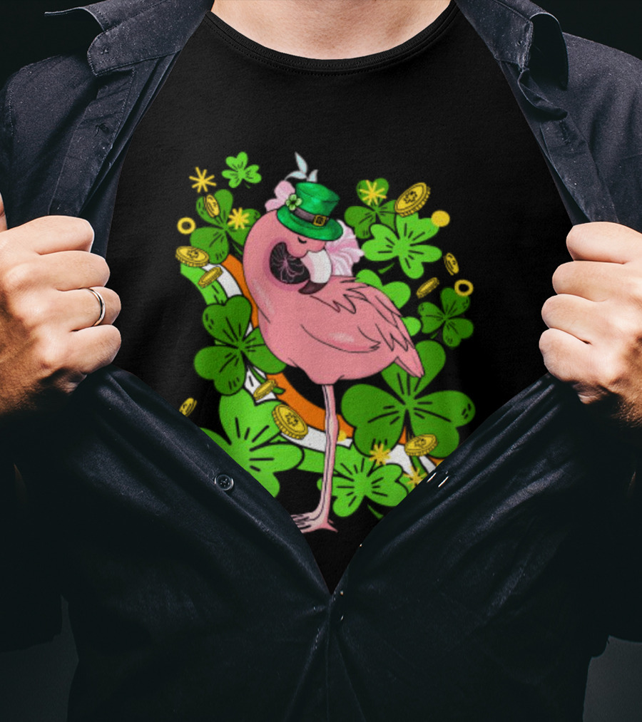 Flamingo St Patricks Day Pink Bird Shamrocks And Leprechaun Hat With Gold Coins T-Shirt