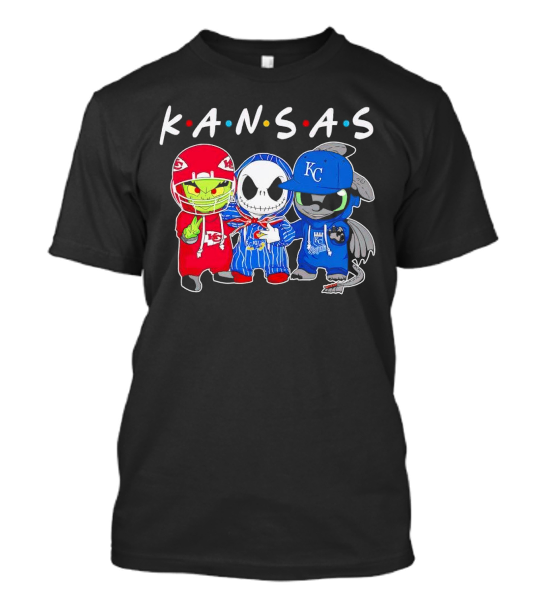 KANSAS Sports Characters Grinch Jack Skellington Toothless Chiefs Royals Jayhawks T-Shirt