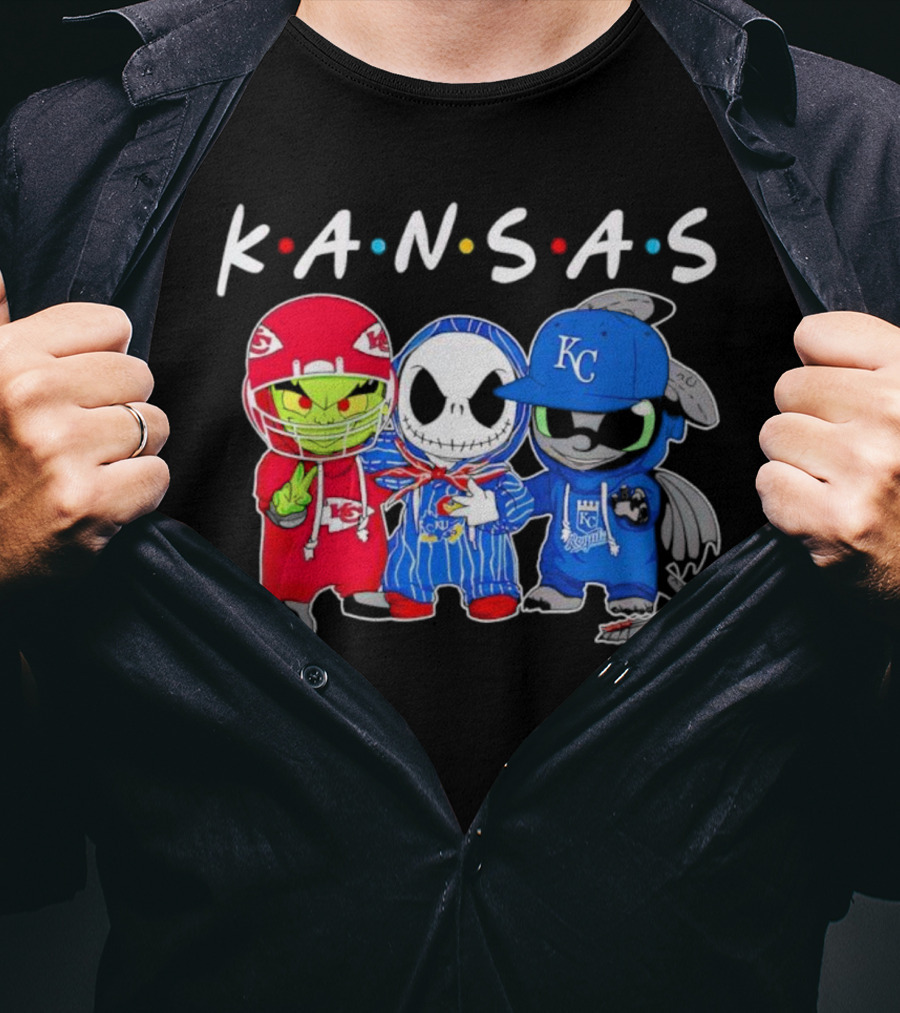 KANSAS Sports Characters Grinch Jack Skellington Toothless Chiefs Royals Jayhawks T-Shirt