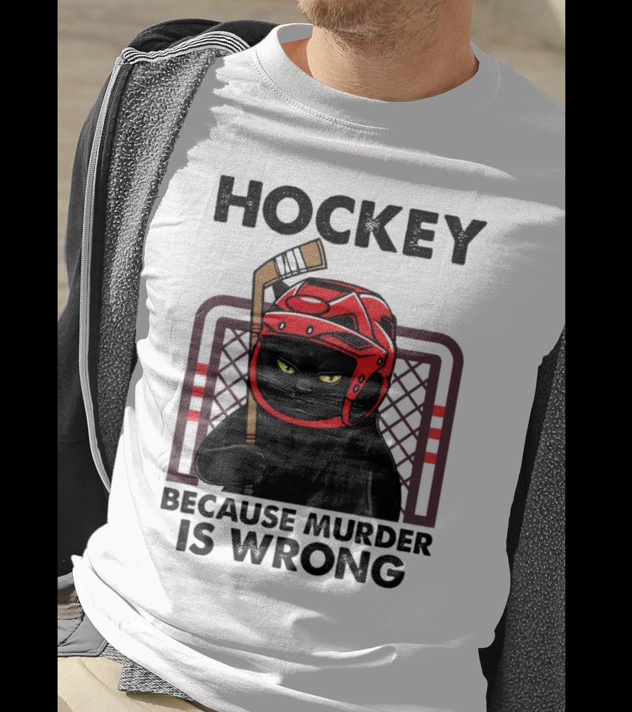 Hockey Cat In Red Helmet Because Murder Is Wrong T-Shirt