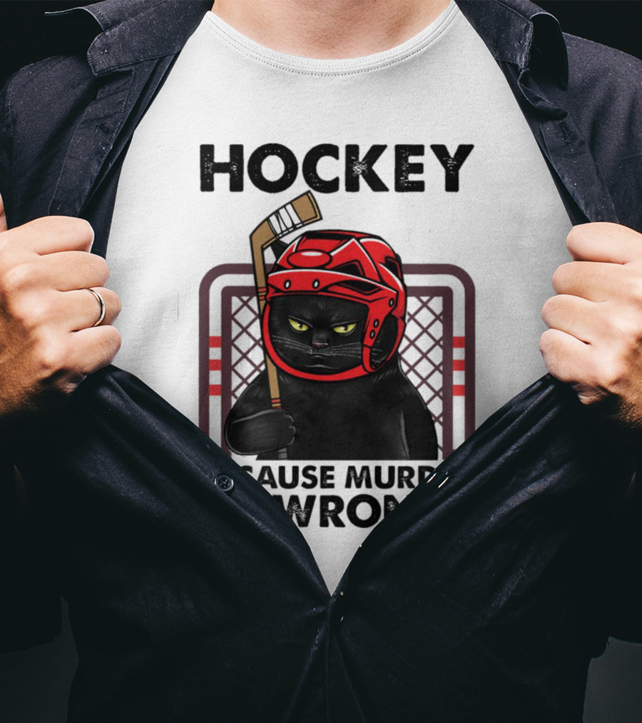 Hockey Cat In Red Helmet Because Murder Is Wrong T-Shirt