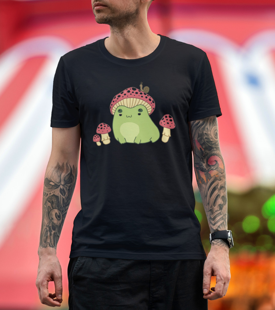 Kawaii Frog Wearing Mushroom Hat With Snail And Red Mushrooms T-Shirt