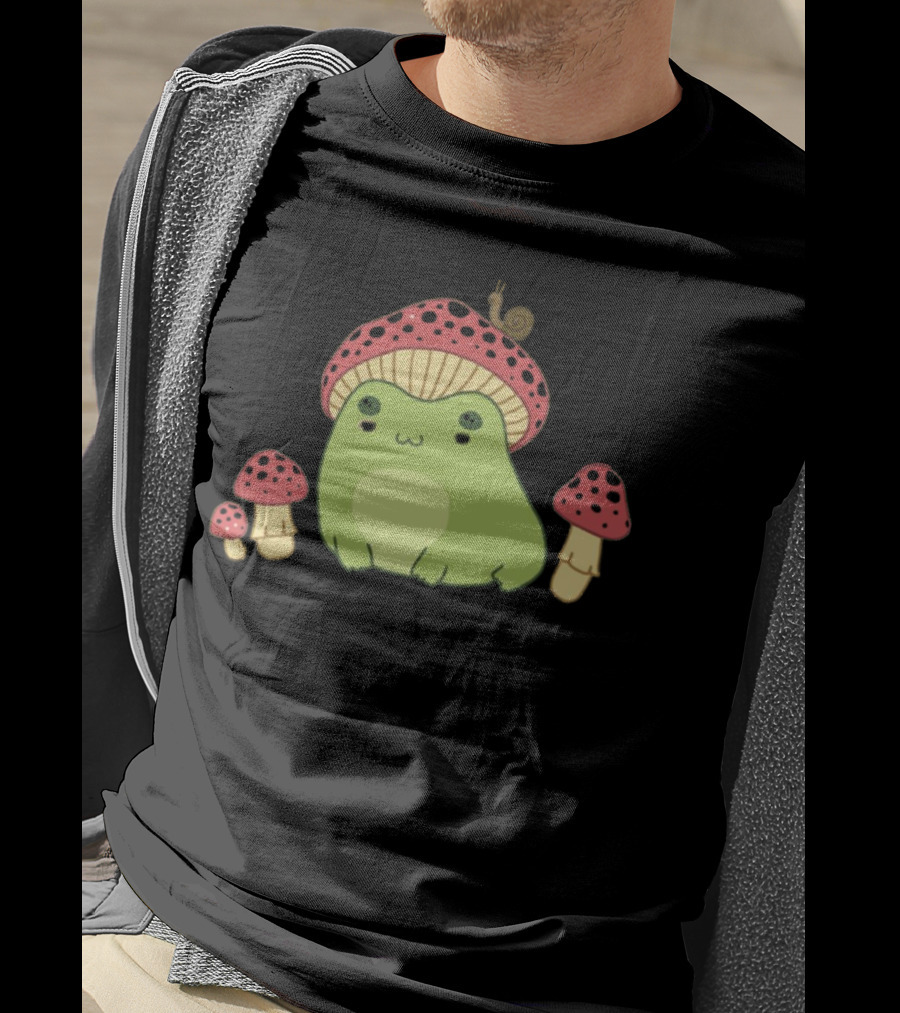 Kawaii Frog Wearing Mushroom Hat With Snail And Red Mushrooms T-Shirt