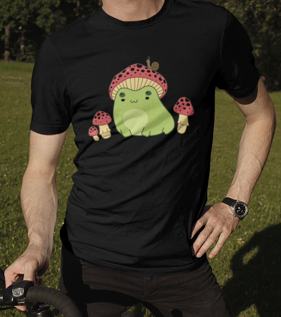 Kawaii Frog Wearing Mushroom Hat With Snail And Red Mushrooms T-Shirt