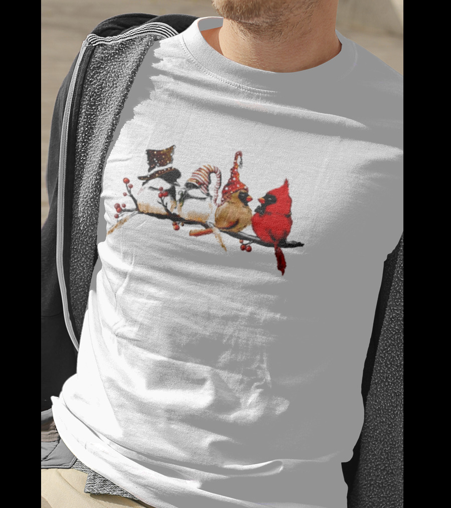Cardinals Chickadees Christmas Birds On Branch With Festive Hats T-Shirt