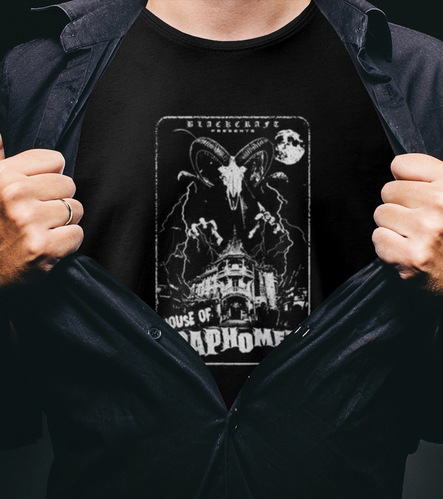Blackcraft Cult Blackcraft Presents House Of Baphomet Goat Head Lightning Full Moon Dark T-Shirt