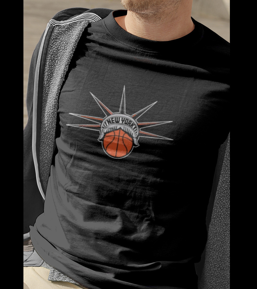 New York Basketball Liberty With Statue Spikes Ball Emblem T-Shirt