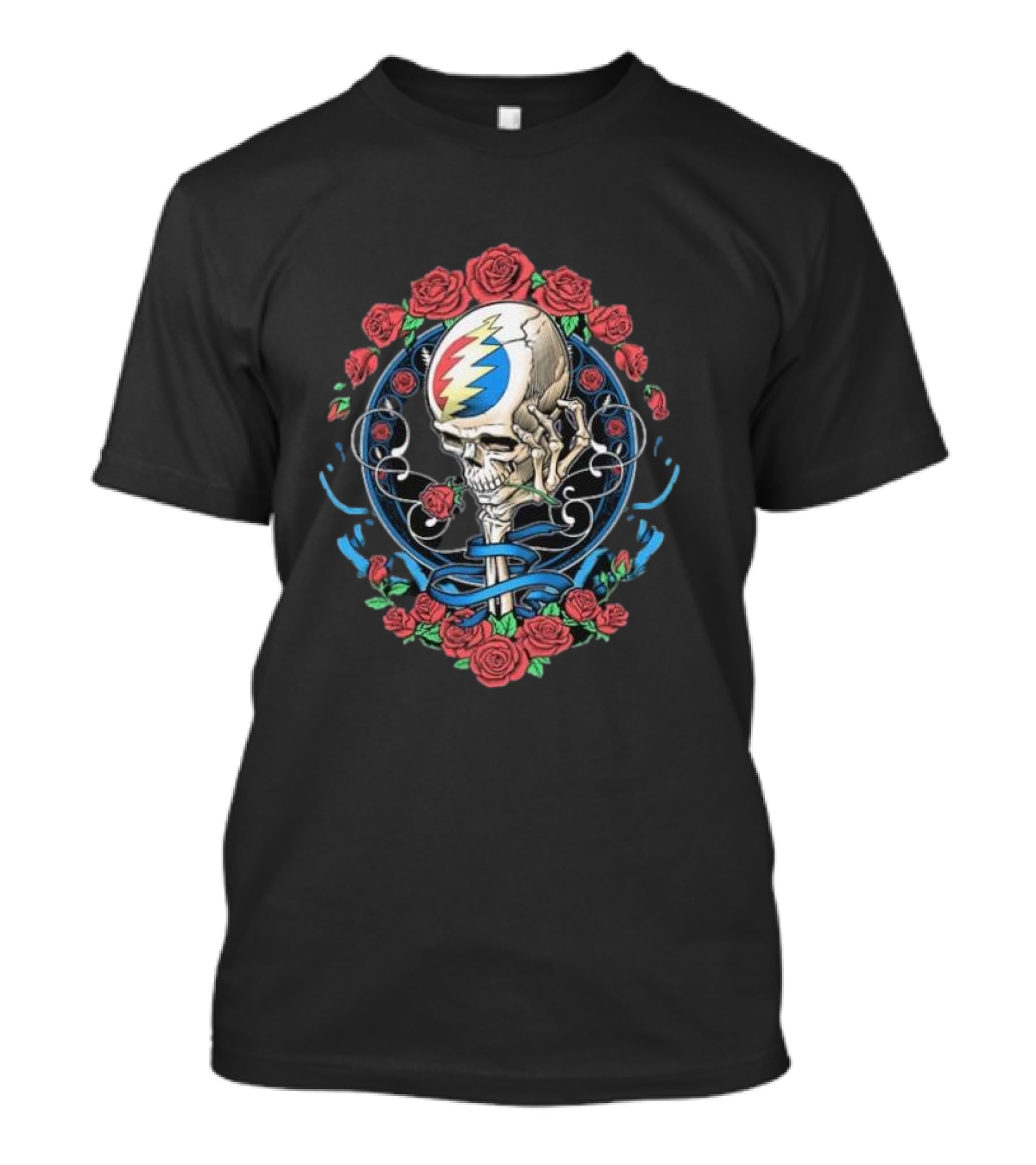 Original Grateful Dead Steal Your Face Nouveau Skull With Roses And Lightning Bolt Emblem T-Shirt