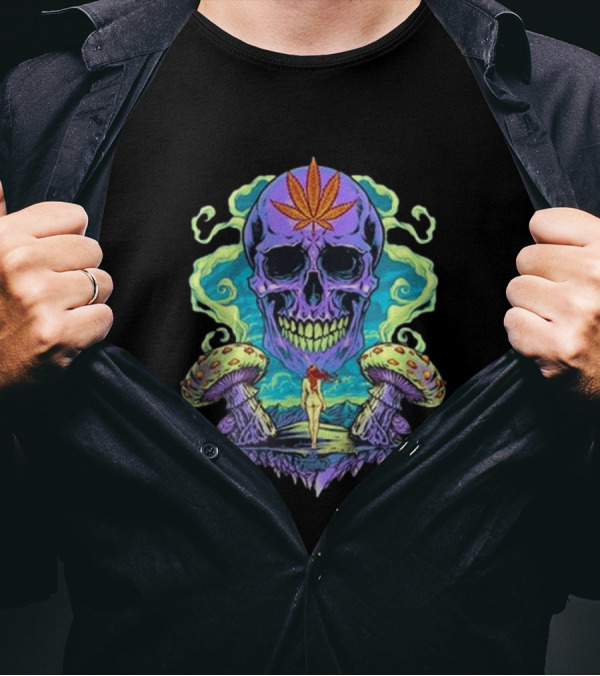 Ethereal Euphoria Psychedelic Skull And Mushrooms T-Shirt