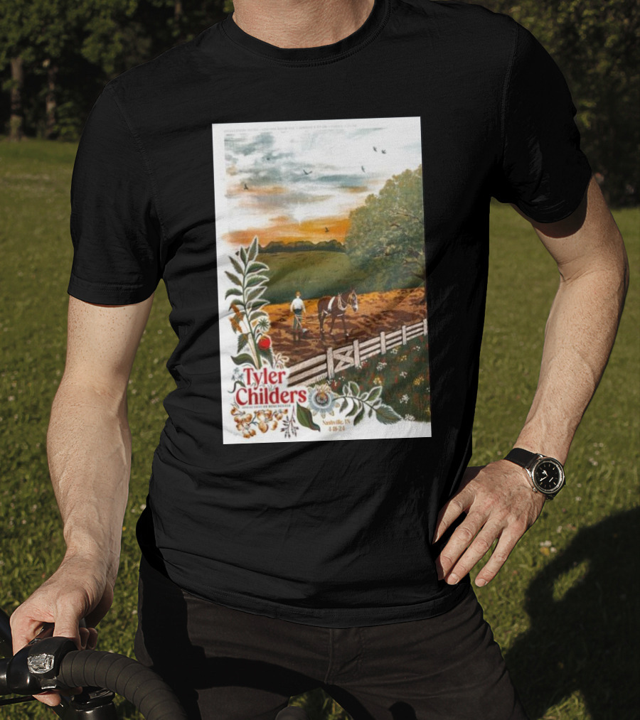 Tyler Childers Nashville TN 4 18 23 Horse Farm Scene With Flowers T-Shirt
