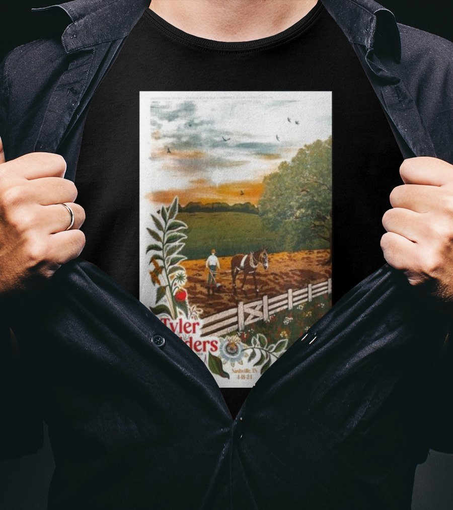 Tyler Childers Nashville TN 4 18 23 Horse Farm Scene With Flowers T-Shirt