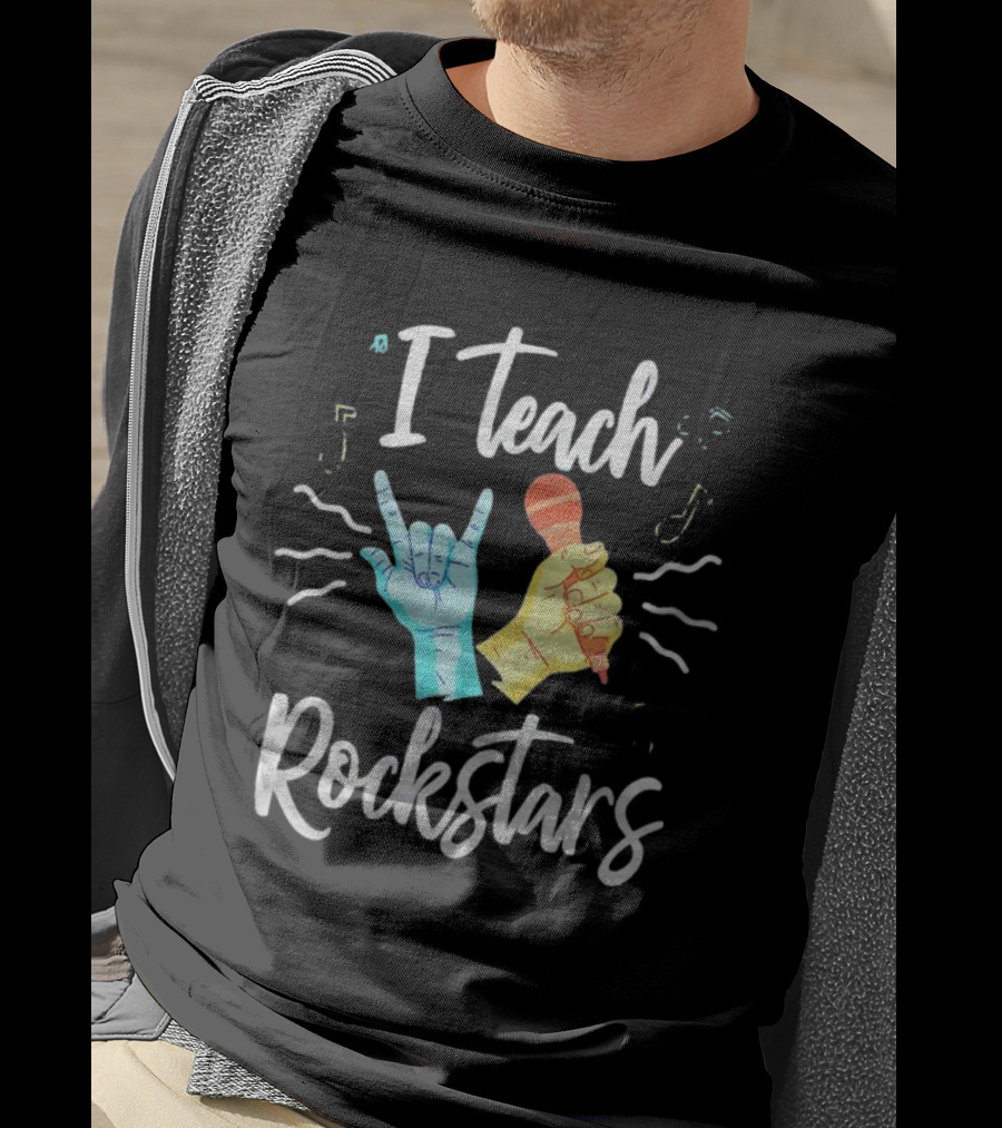 I Teach Rock Stars Music Teacher With Microphone And Rock Hand Gesture T-Shirt