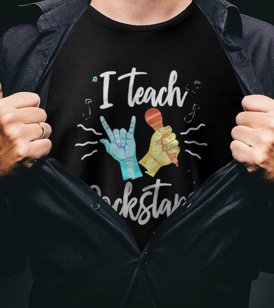 I Teach Rock Stars Music Teacher With Microphone And Rock Hand Gesture T-Shirt