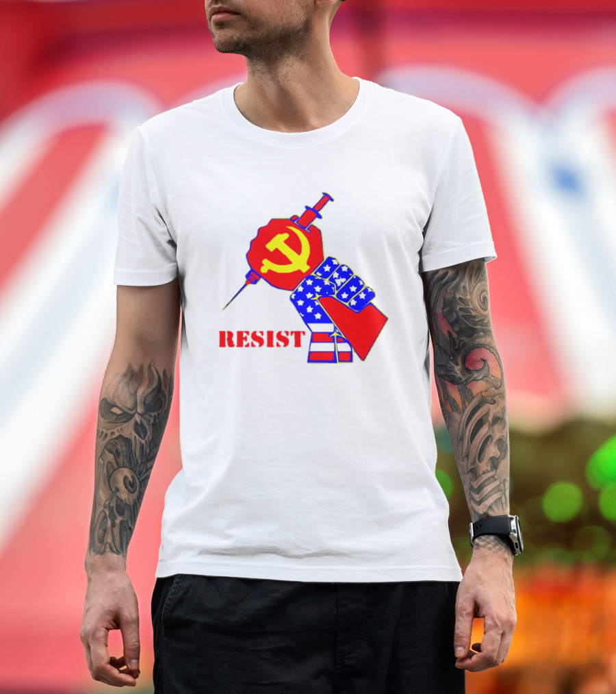 RESIST Communist Hammer and Sickle American Flag Fist Syringe T-Shirt