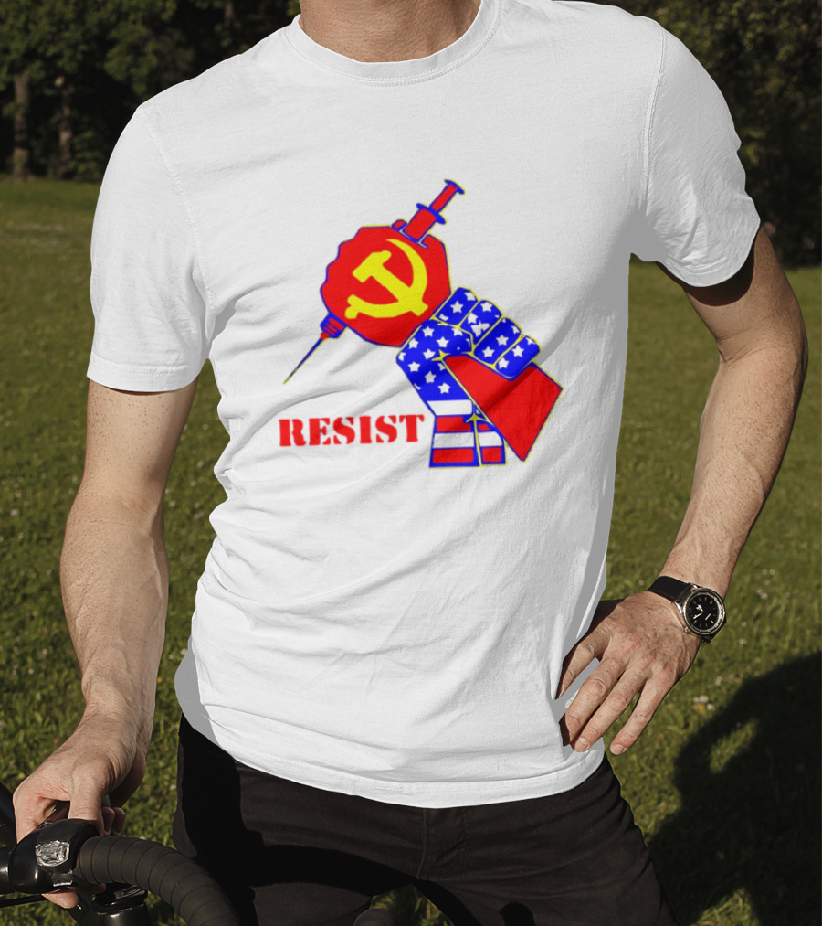 RESIST Communist Hammer And Sickle American Flag Fist Syringe T-Shirt