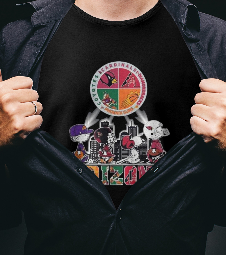 Snoopy Arizona Coyotes Cardinals Diamondbacks Phoenix Suns Peanuts Characters City Skyline T-Shirt