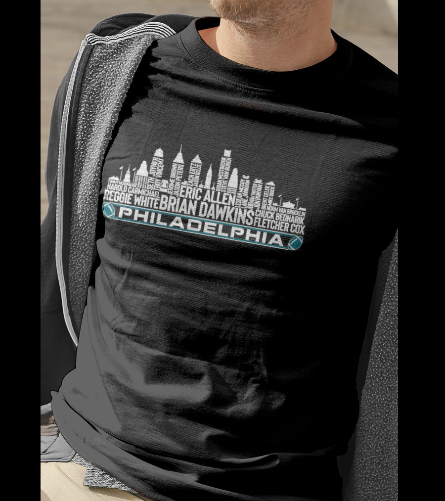 Philadelphia Eagles Football Team Legends Brian Dawkins City Skyline T-Shirt