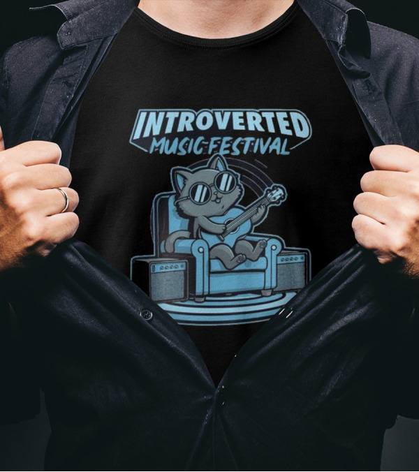 Introverted Music Festival Cat Playing Guitar On Couch With Amplifier T-Shirt