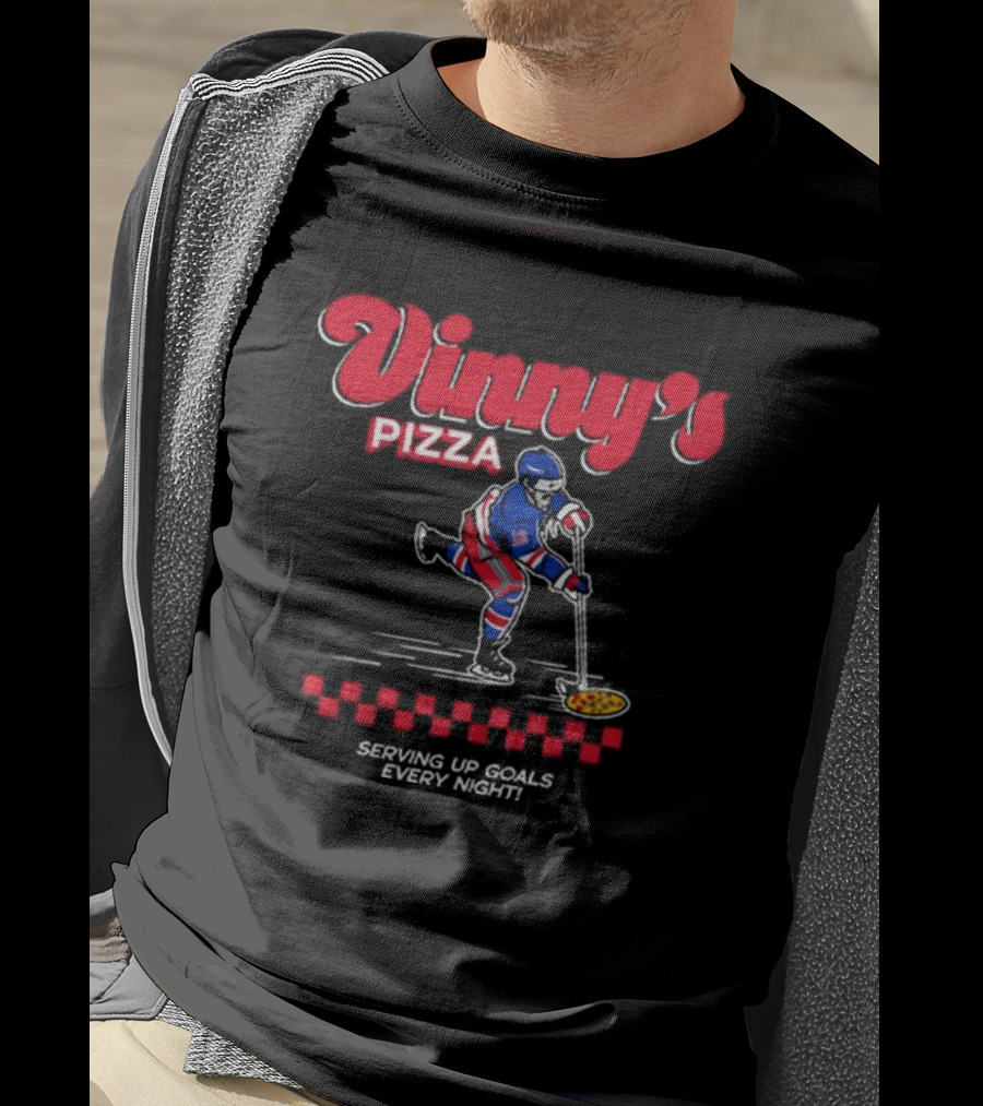 Vinny's Pizza Serving Up Goals Every Night Hockey Player With Pizza Stick T-Shirt