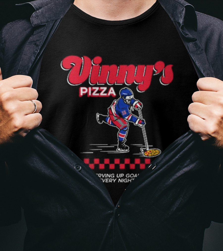 Vinny's Pizza Serving Up Goals Every Night Hockey Player With Pizza Stick T-Shirt