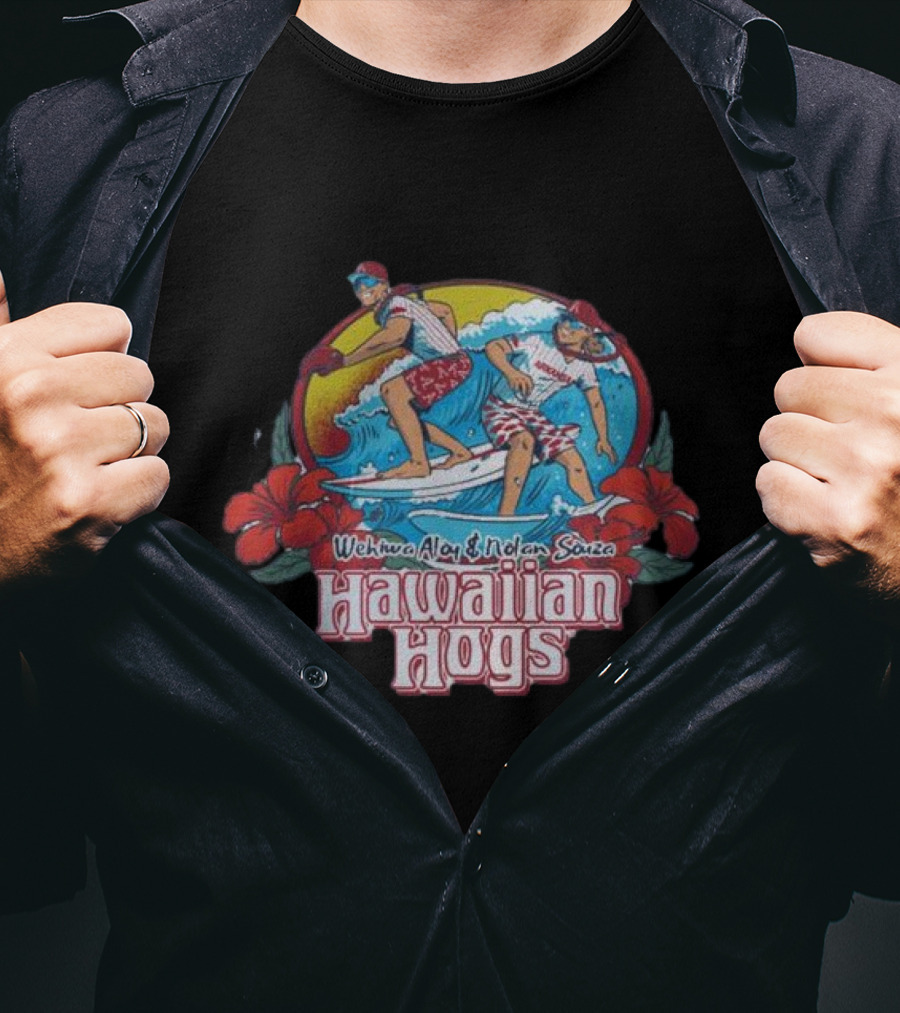Wehiwa Aloy Nolan Souza Hawaiian Hogs Surfing With Hibiscus Flowers T-Shirt