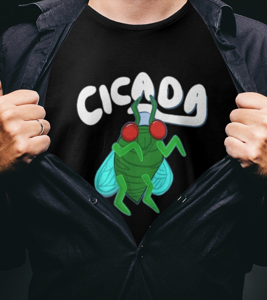 Cicada Cartoon Bug With Green Body And Red Eyes T-Shirt