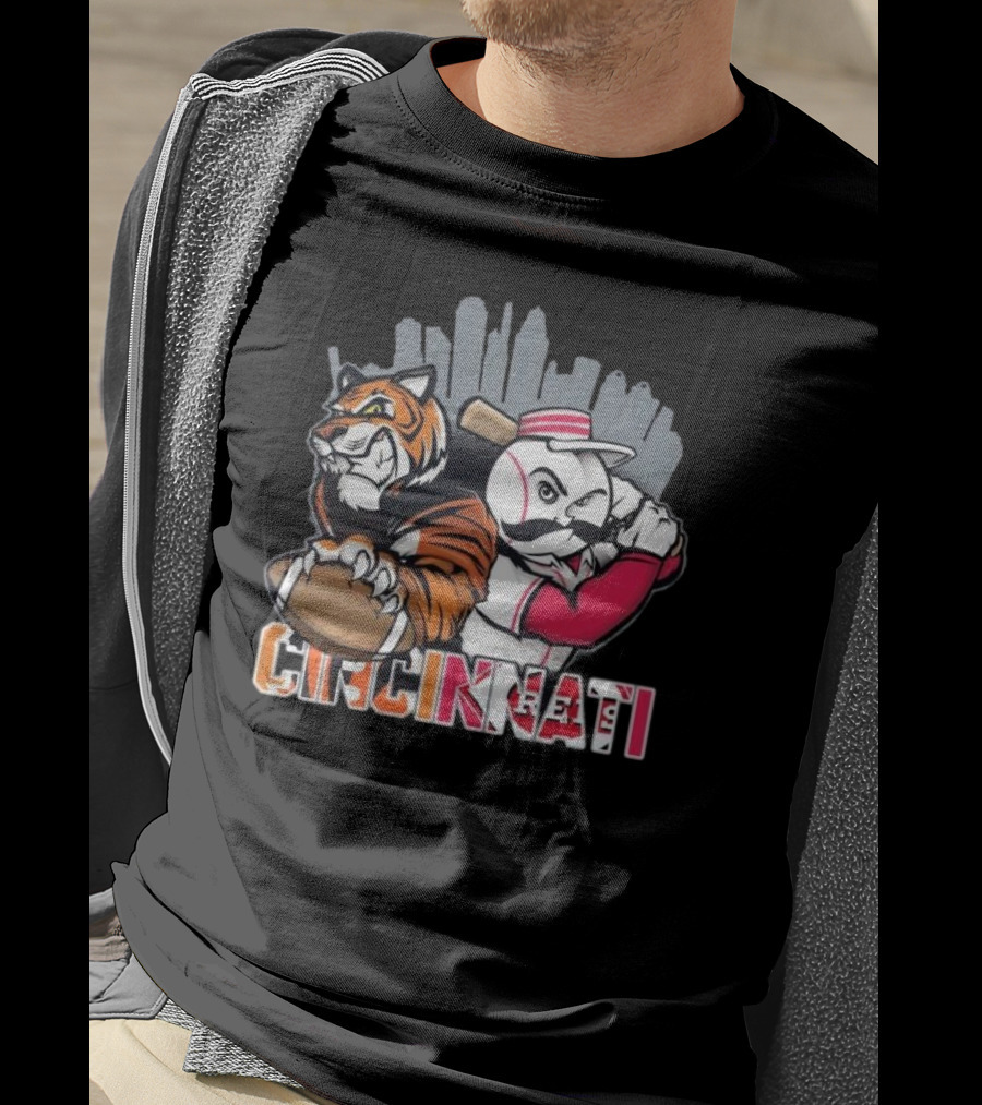 Cincinnati Bengals Tiger With Football And Mr. Redlegs Baseball Skyline T-Shirt