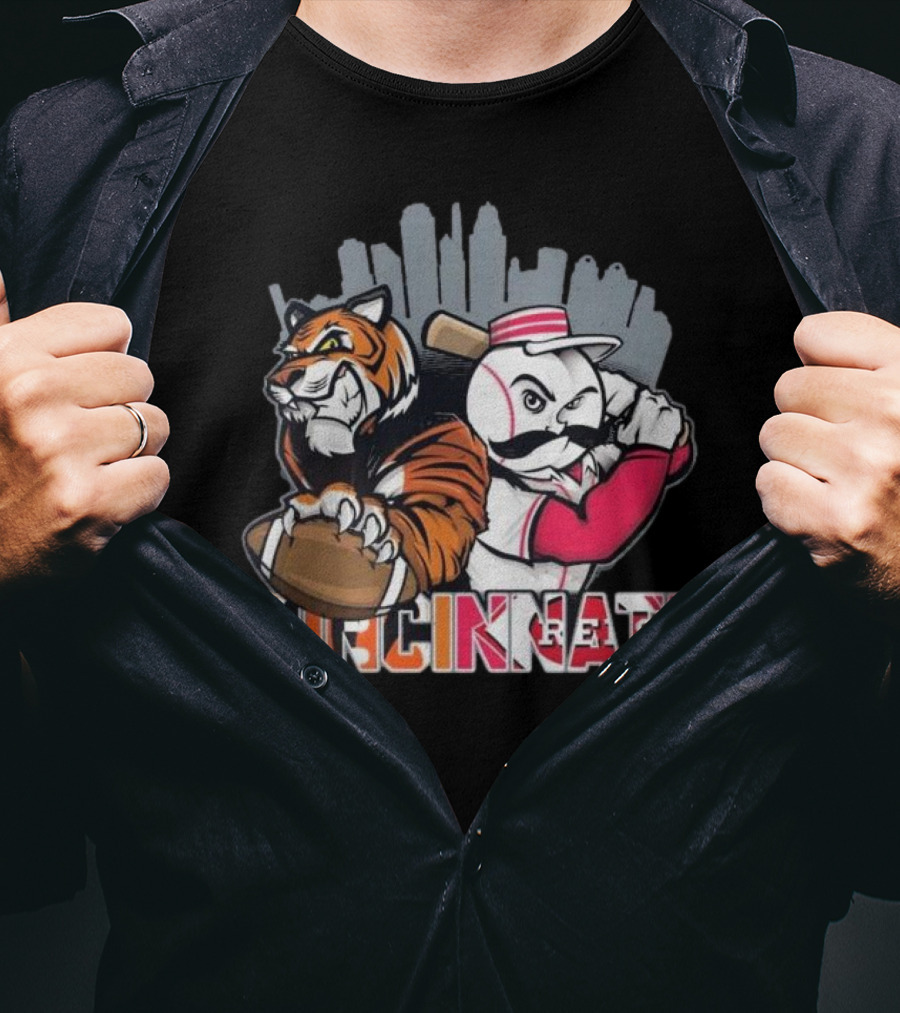 Cincinnati Bengals Tiger With Football And Mr. Redlegs Baseball Skyline T-Shirt