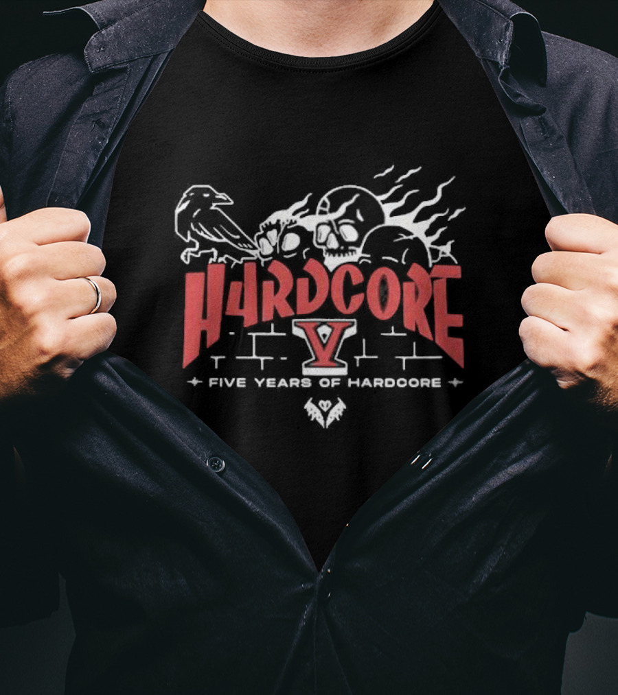 Hardcore V Five Years Of Hardcore Raven Skulls Flame T-Shirt