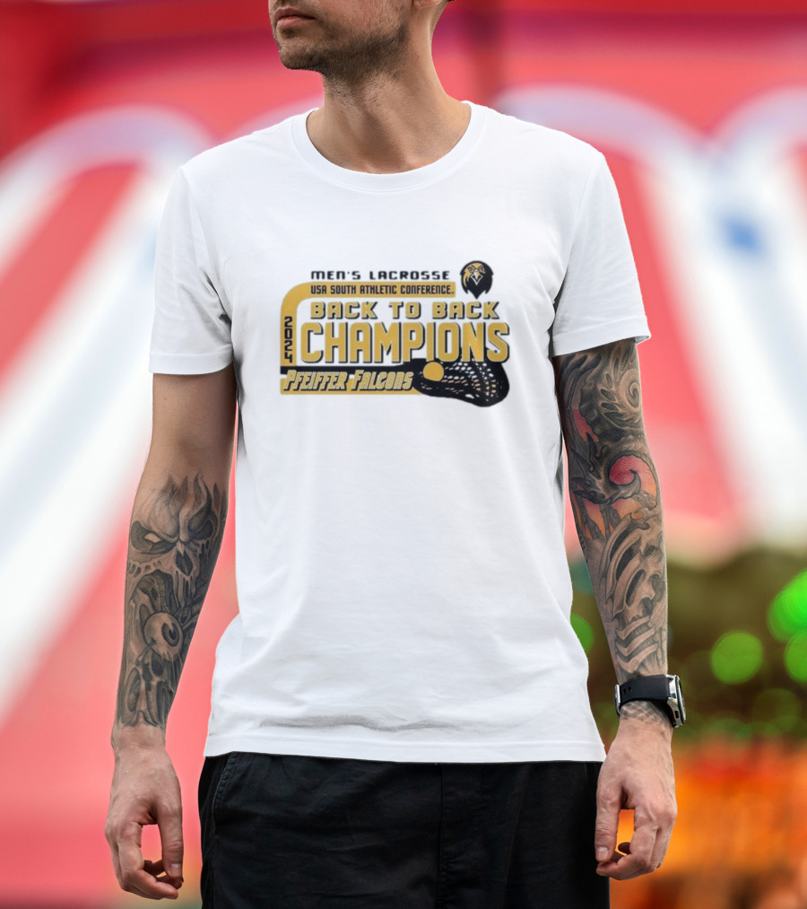 Pfeiffer Falcons Men's Lacrosse USA South Athletic Conference 2024 Back To Back Champions T-Shirt