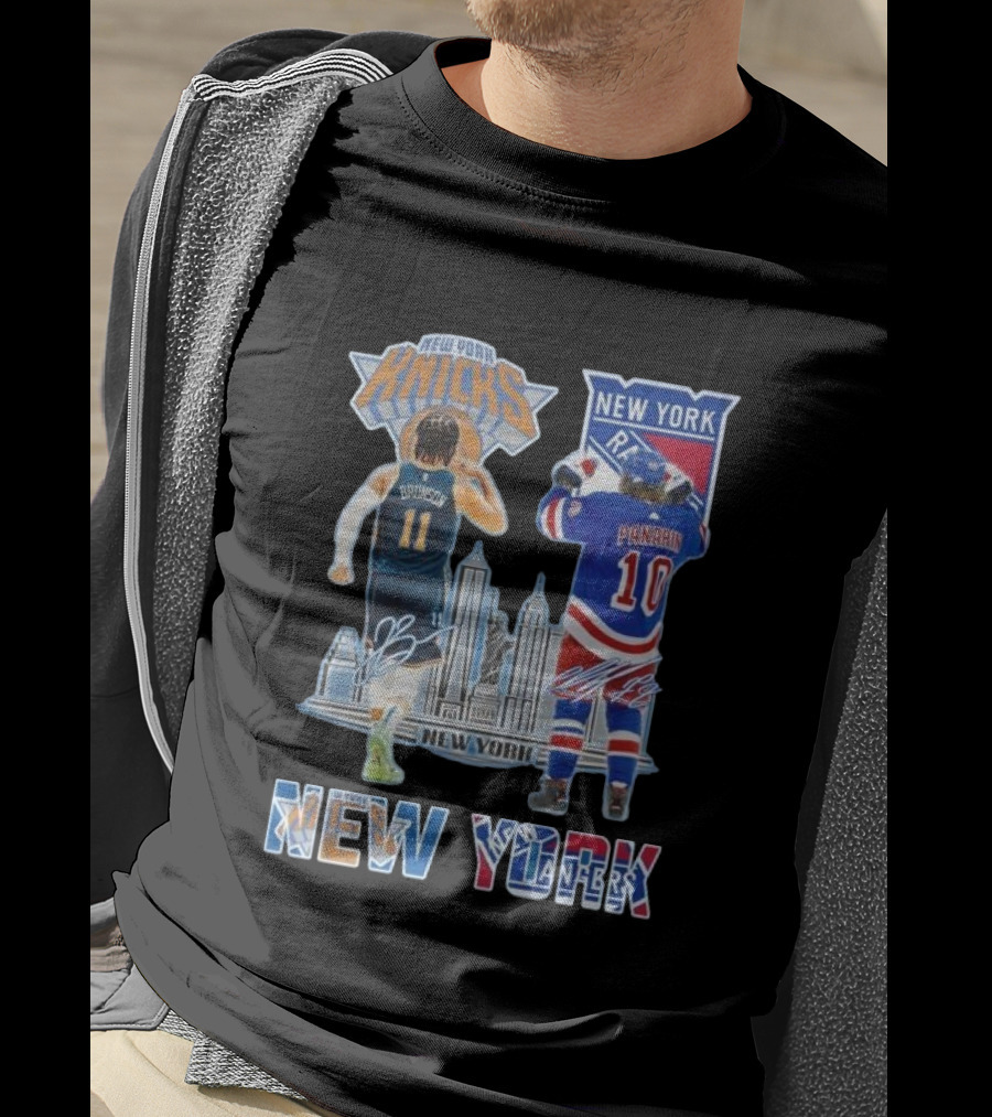 New York Knicks Brunson Rangers Panarin New York City Skyline Signatures T-Shirt