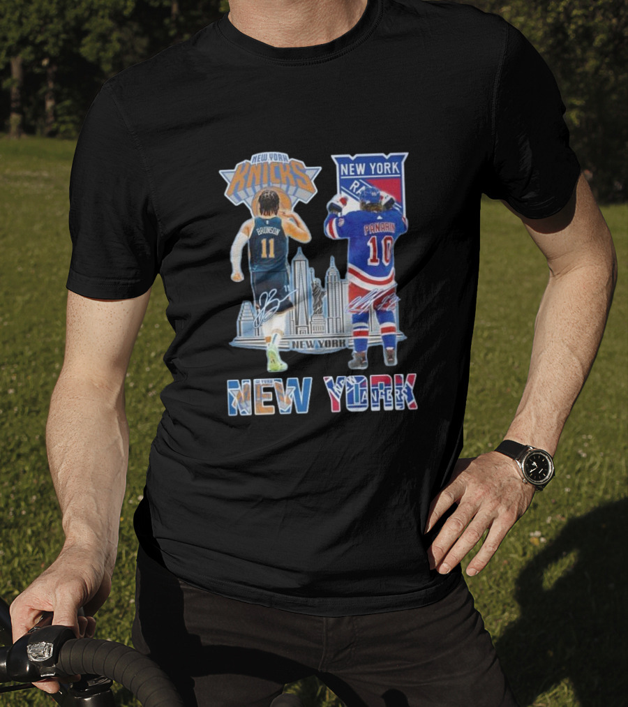New York Knicks Brunson Rangers Panarin New York City Skyline Signatures T-Shirt