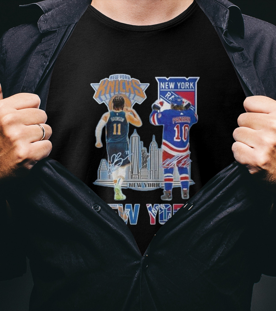 New York Knicks Brunson Rangers Panarin New York City Skyline Signatures T-Shirt