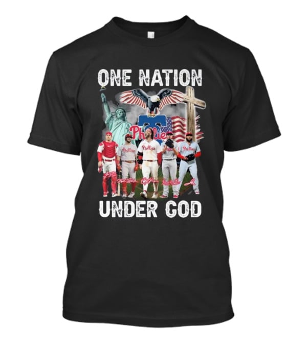 Philadelphia Phillies One Nation Under God Flag Statue Cross Signatures T-Shirt