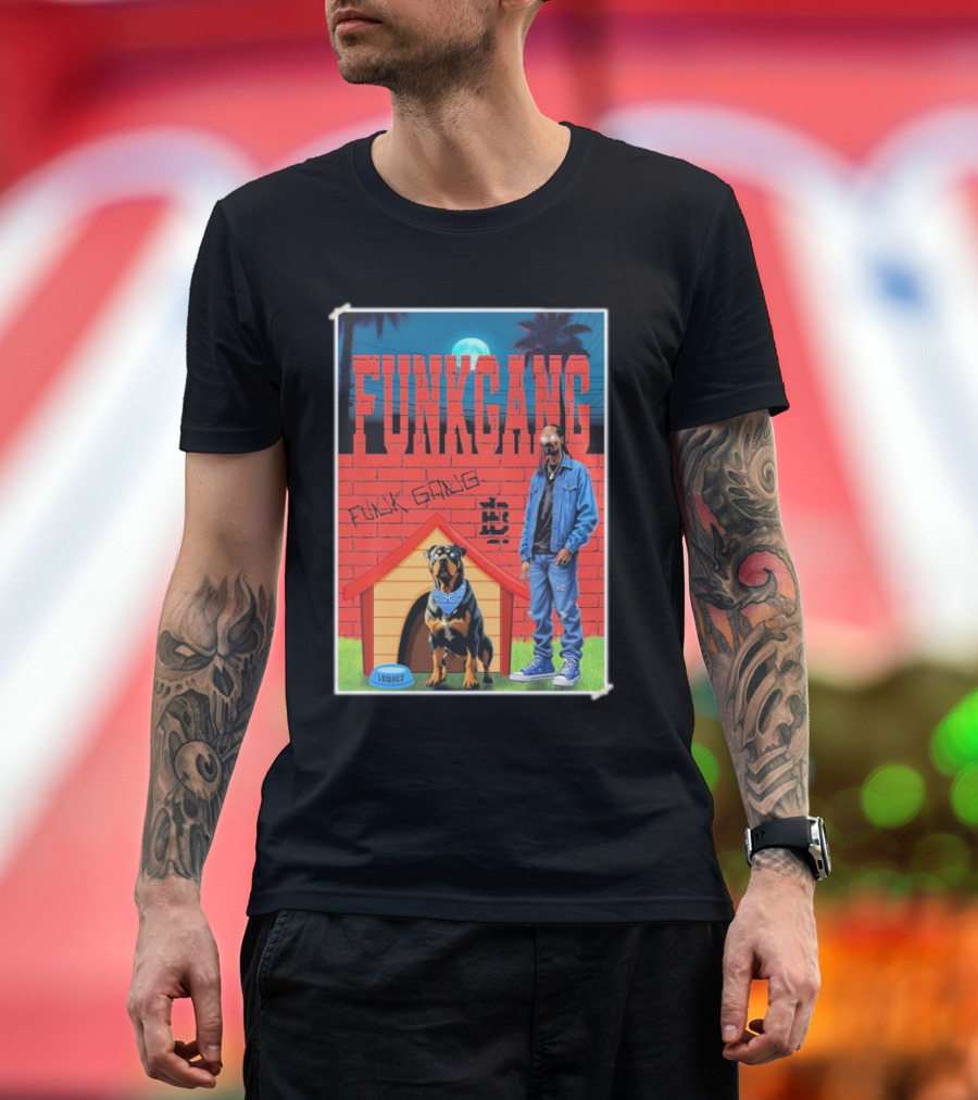 Funk Gang X Doggystyle Funk Gang Brick Wall Dog House Blue Dog Moon Palm Trees T-Shirt