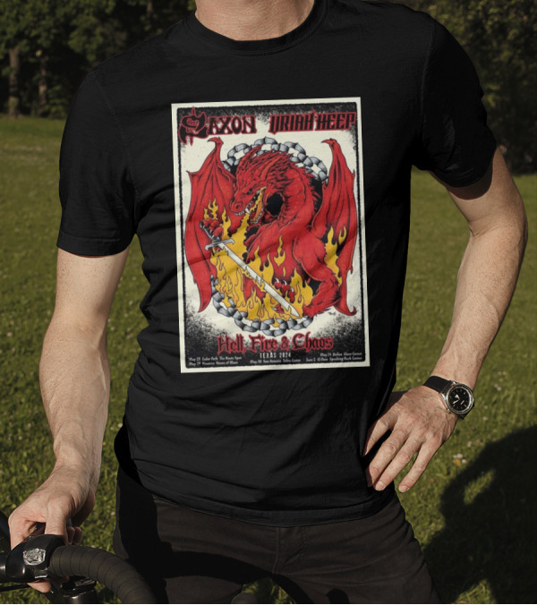 Saxon And Uriah Heep Hell Fire And Chaos Tour Texas 2024 With Dragon Sword Art In Cedar Park On May 27th T-Shirt