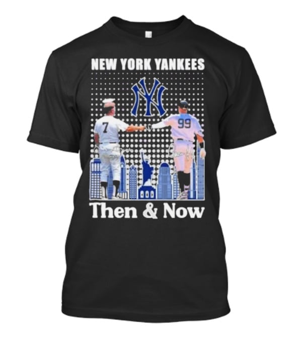 New York Yankees Then And Now Mickey Mantle 7 Aaron Judge 99 Signatures T-Shirt