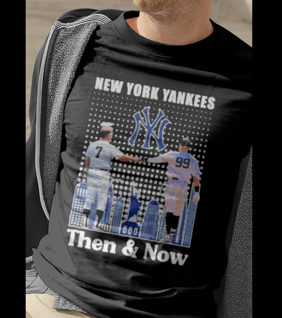New York Yankees Then And Now Mickey Mantle 7 Aaron Judge 99 Signatures T-Shirt