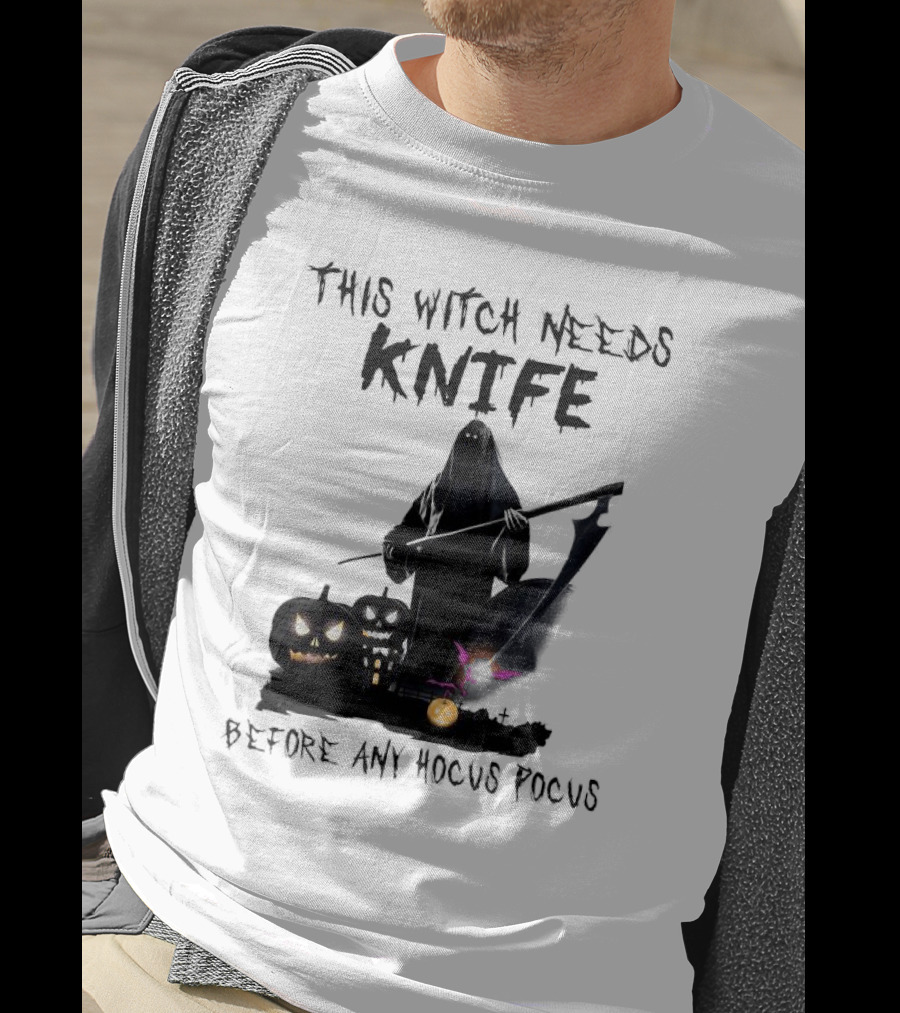 This Witch Needs Knife Before Any Hocus Pocus Halloween Pumpkins Dark Scene T-Shirt