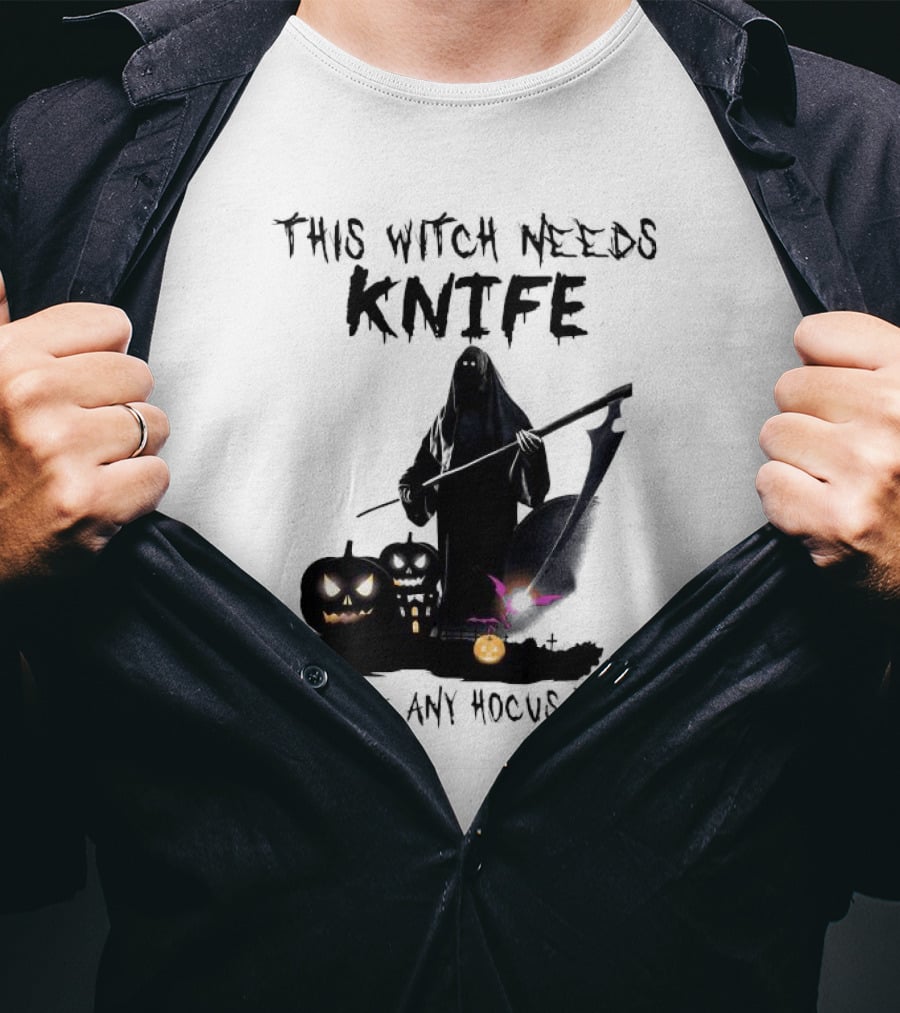 This Witch Needs Knife Before Any Hocus Pocus Halloween Pumpkins Dark Scene T-Shirt