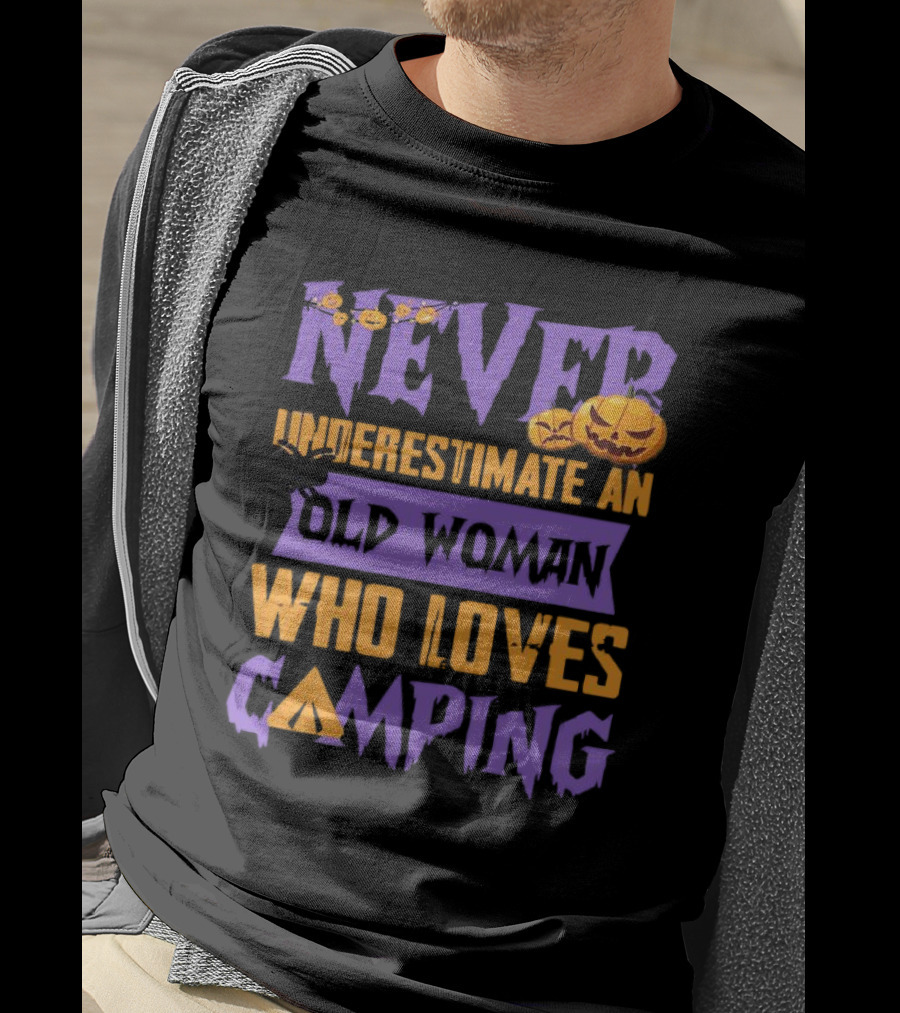 Never Underestimate An Old Woman Who Loves Camping Halloween Pumpkin Spider T-Shirt