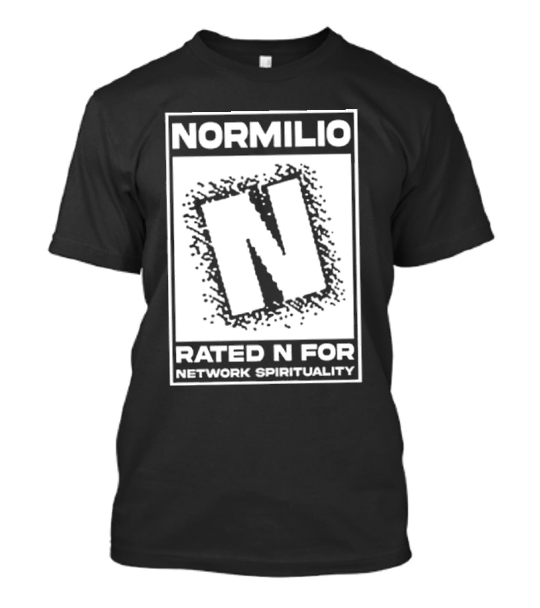 Normilio Rated N For Network Spirituality Bold Text Box With Speckled Explosion Background T-Shirt