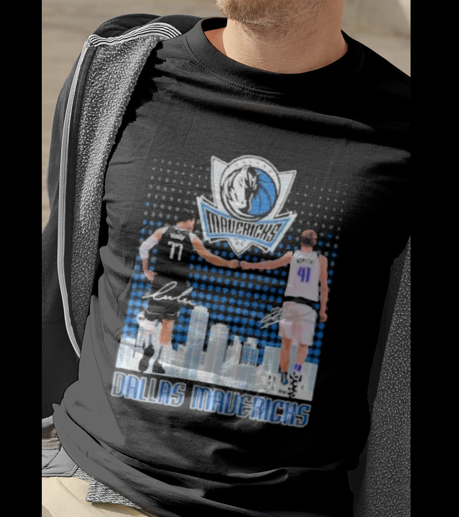 Dallas Mavericks Luka Doncic Dirk Nowitzki Handshake Signatures Skyline T-Shirt