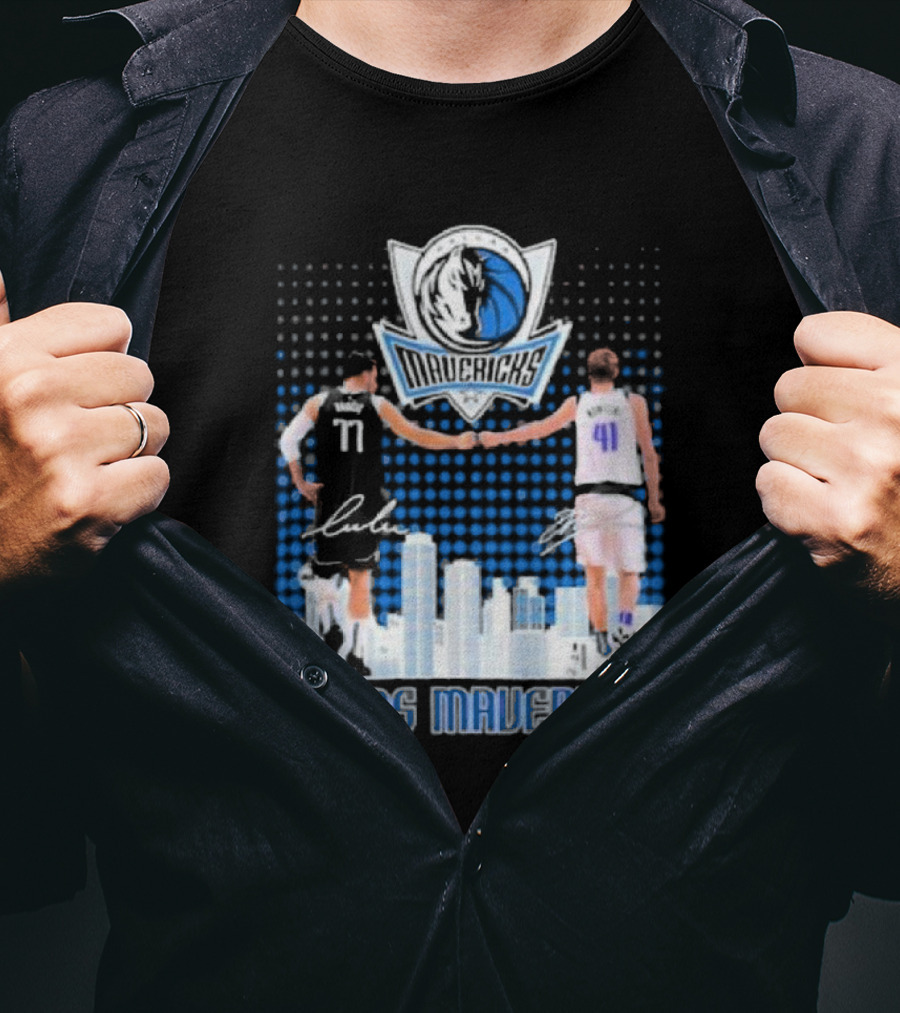Dallas Mavericks Luka Doncic Dirk Nowitzki Handshake Signatures Skyline T-Shirt